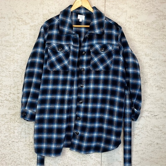 Thick Wool Plaid Shacket Large Blue Black White Belted Jacket Flannel - Picture 3 of 14